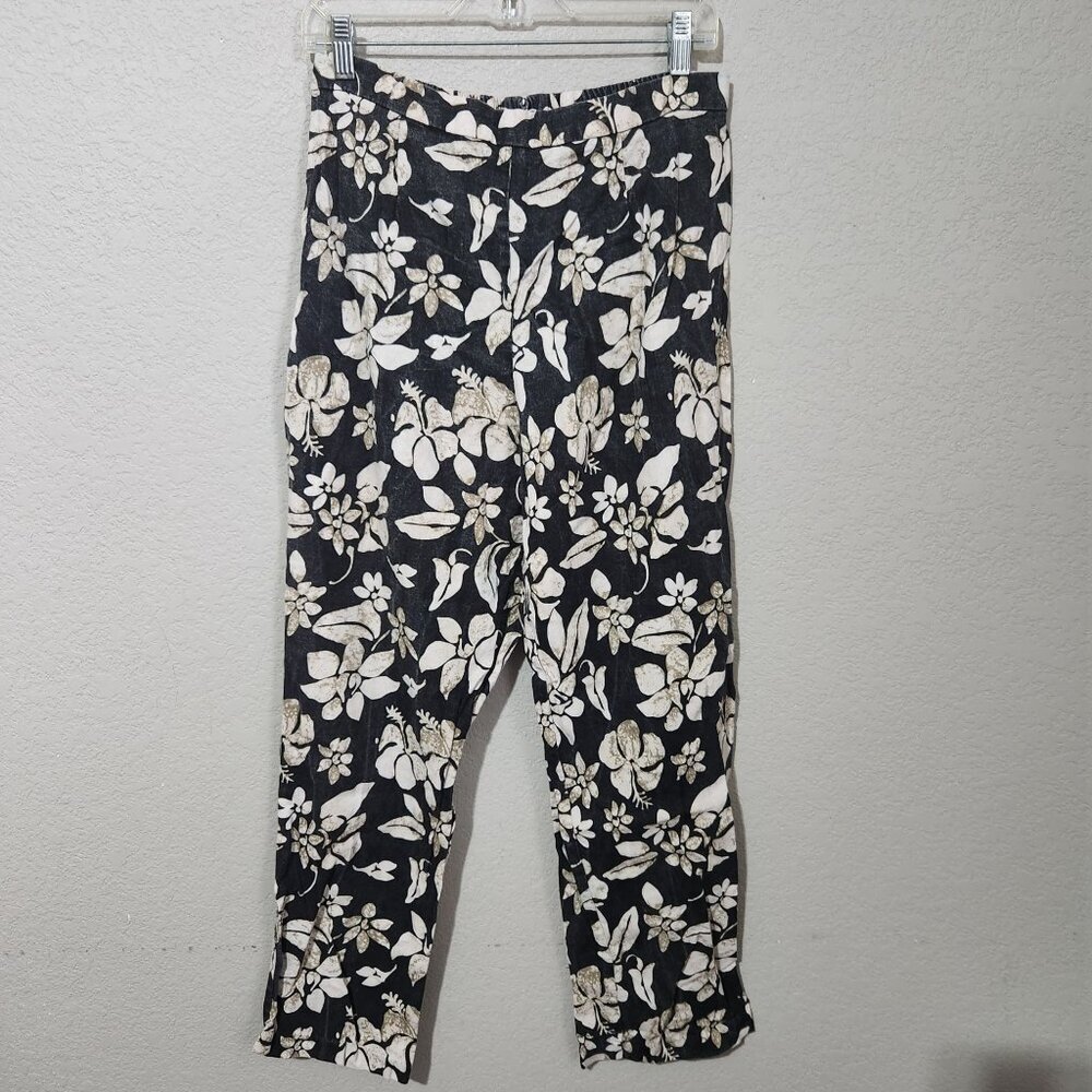 R&K Originals Linen Rayon Pants Vintage Size 12 Black White Floral